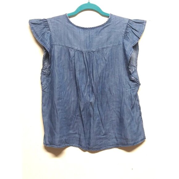 Time Tru chambray blouse top ruffled cap sleeve peasant cottagecore front ties - Picture 2 of 8